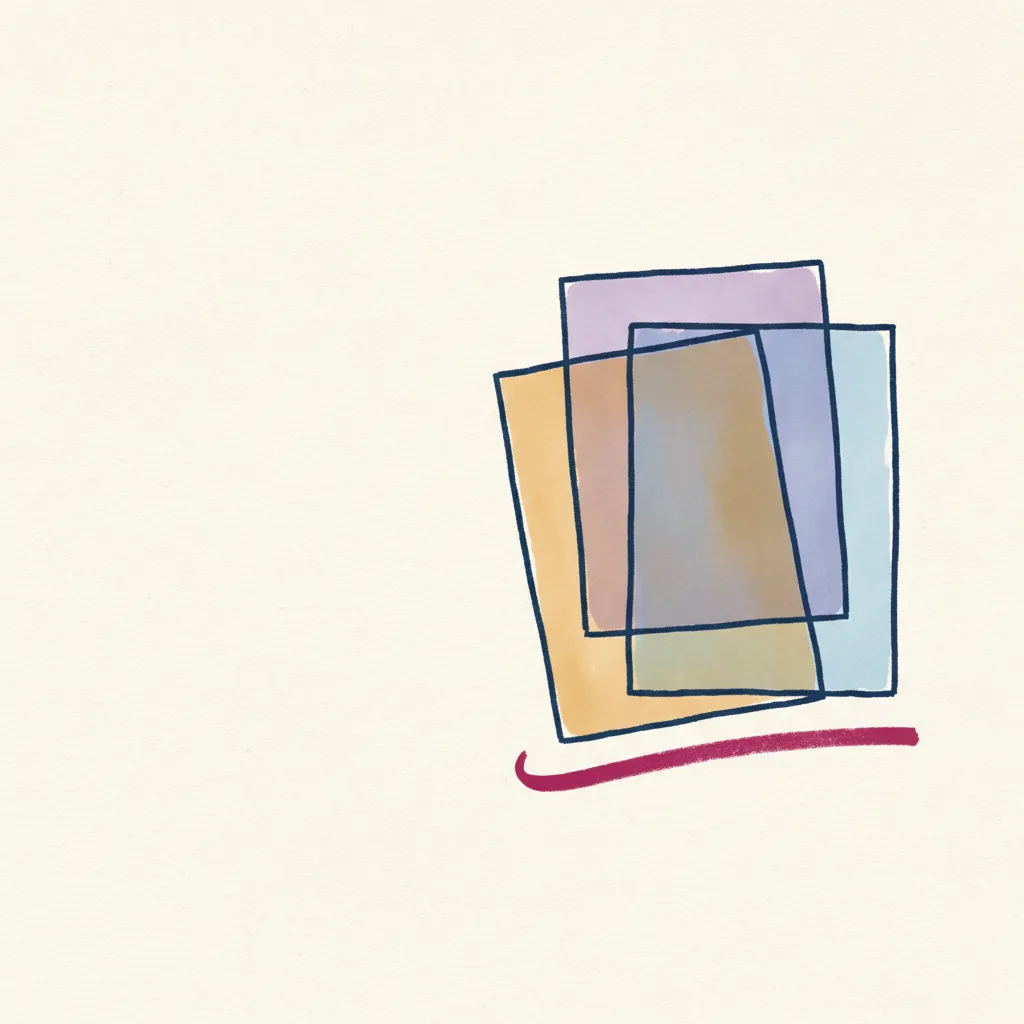 Abstract documents and soft glow — approachable, paper-textured tone in blue and purple.